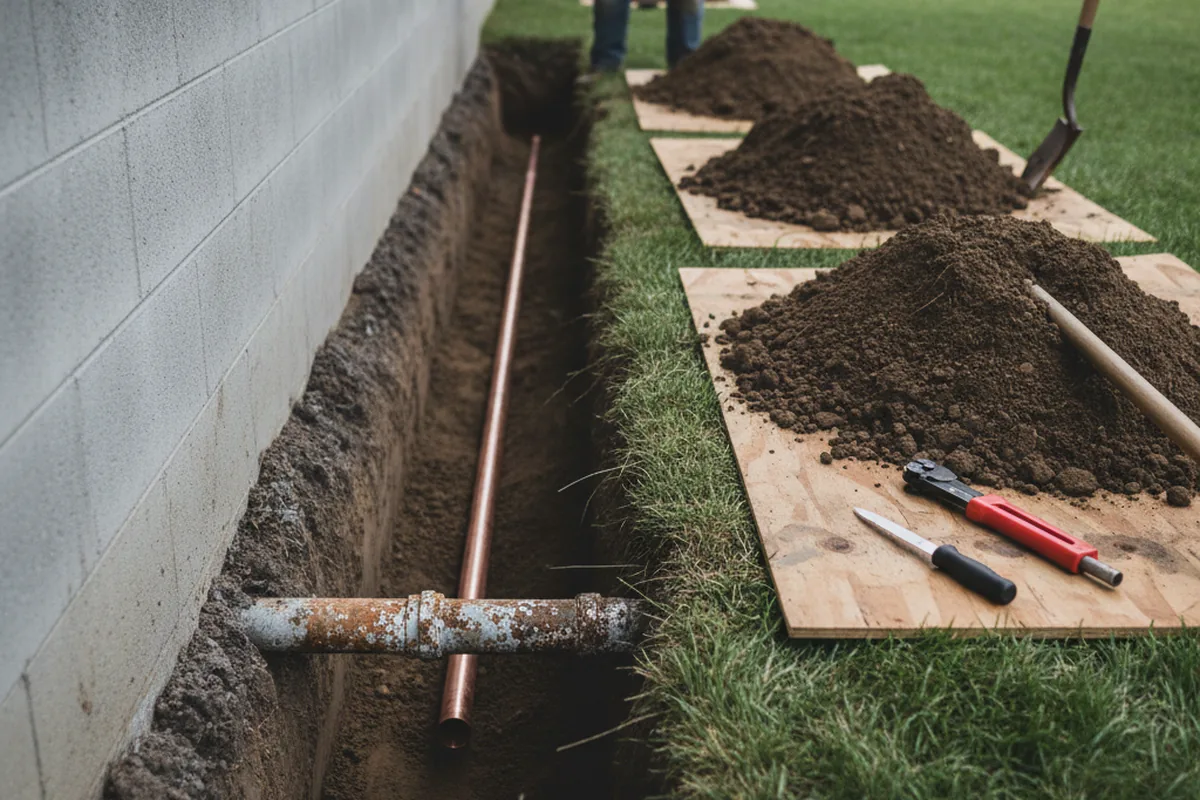 Excavated water line trench during Water Softener Installation in Kirvin